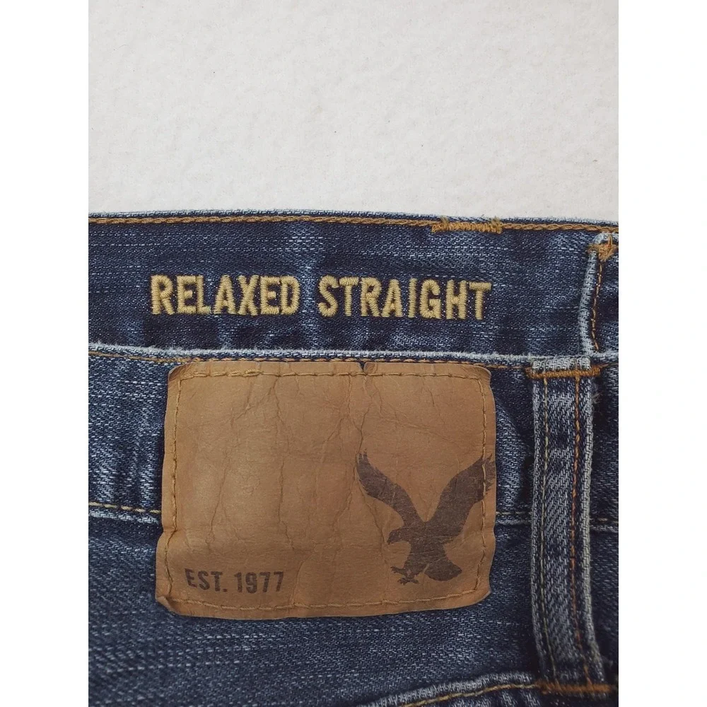 American Eagle Jeans Mens 34x34 Blue Relaxed Straight Distressed Denim Pants